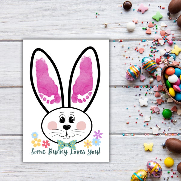 Some Bunny Loves You: Blue Easter Bunny Footprint Craft for Children's DIY, Toddler Keepsake. Instant Art Fun Easter Sunday School Craft