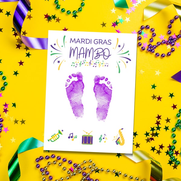 Mardi Gras Mambo Kids Footprint Art Project - Printable Purple, Green, and Gold Craft for Babies, Toddlers, and Kids - Digital Download PDF