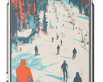May include: A clear phone case with a colorful illustration of skiers on a mountain slope. The illustration features a blue sky, green trees, and a white snowy slope. The skiers are wearing red, blue, and black clothing.
