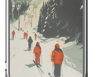 May include: A clear phone case with a colorful illustration of skiers on a snowy mountain slope. The illustration features a red, orange, and yellow sunset in the background.