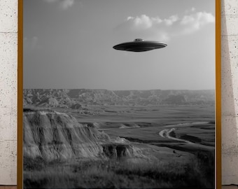 Badlands South Dakota UFO Print, Black and White Alien Wall Art, Retro Sci-Fi Poster