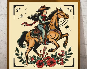 Wild West Cowgirl Print - Badass Female Cowboy Poster, Horse Illustration, Southwestern Western Decor, Eclectic Wall Art for Girl's Room