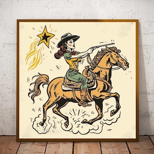 Retro western Cowgirl Wall Art, Vintage Cowboy Art,Western Art Print,Cowgirl Art Print, Trendy Wall Art, Girl Dorm Décor, Retro Cowgirl