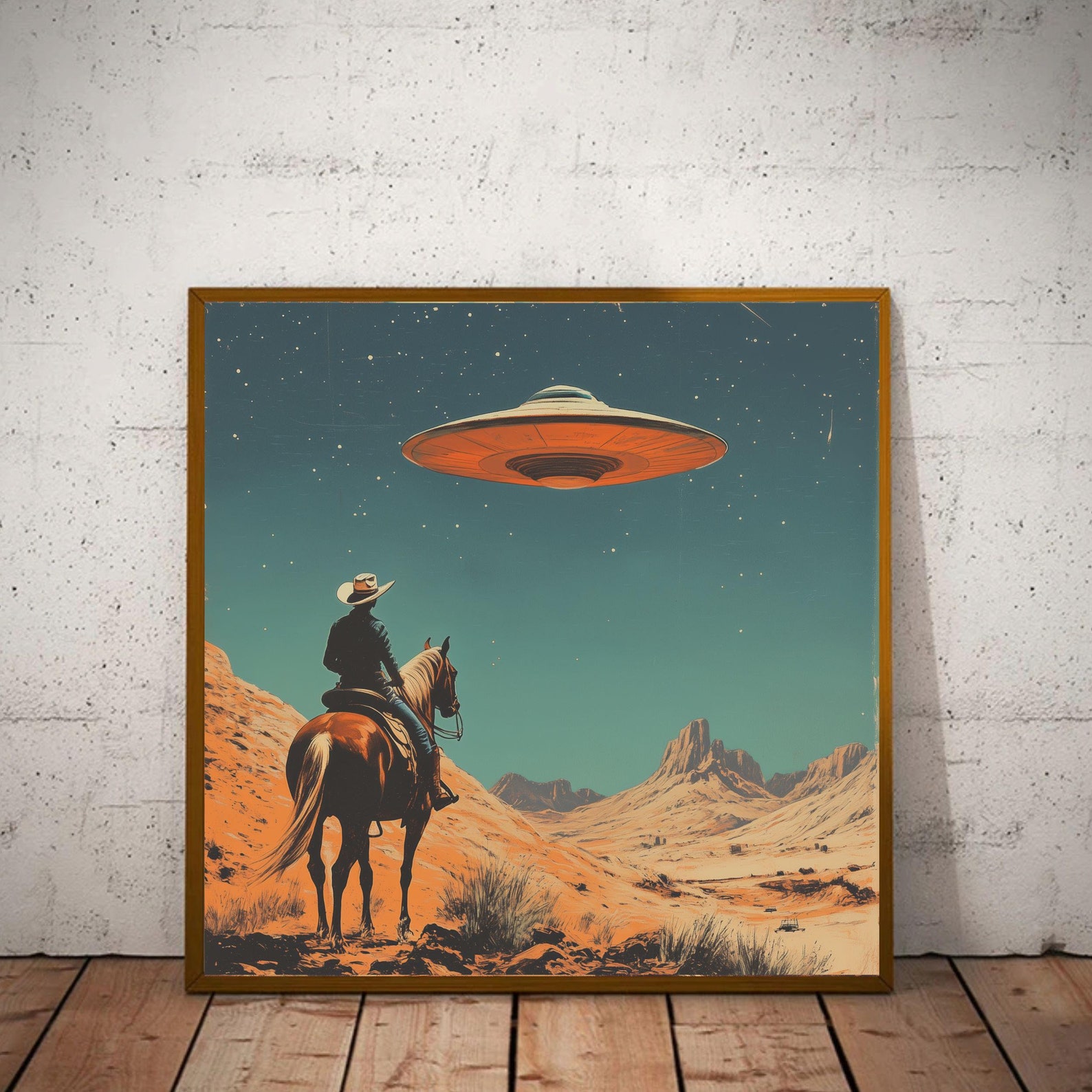 Cowboy UFO Art Print - Retro Western Sci-fi Wall Art - Mid Century ...