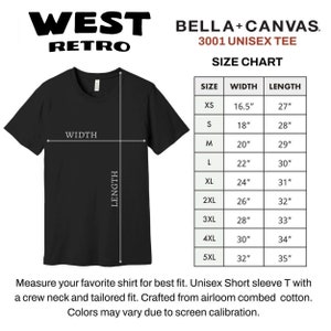 May include: Size chart for a unisex short-sleeve t-shirt. The chart shows the width and length measurements in inches for sizes XS to 5XL.