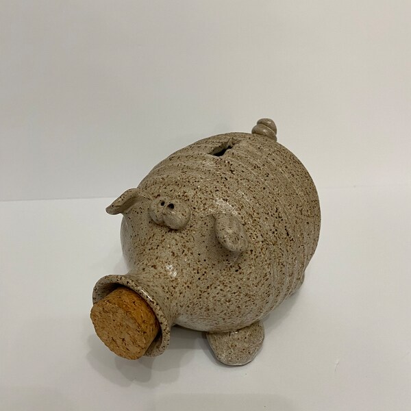 Vintage Folk Art Speckled Piggy Bank Stoneware  Pig With Removable Cork  Snout