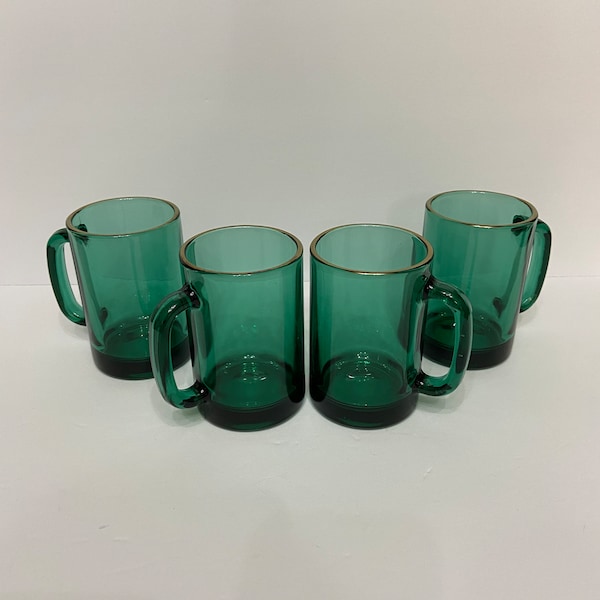 VTG-4 LIBBEY Juniper Green Glass Coffee/Tea Mug With Gold Trim On The Rims