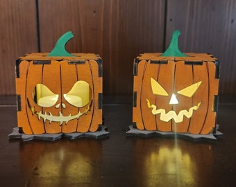 Wooden Pumpkin Flickering Light, Jack-O-Lantern with Tea Lamp, Pumpkin Desk Light