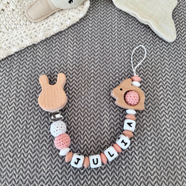 Customizable pacifier holder with bunny model wooden clip