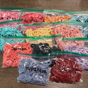 May include: A collection of clear plastic bags filled with various colors of thick, soft yarn or cord. Each bag is sealed with a green zipper and features handwritten labels including names like Salmon, Hydrangea, and Cayenne on the exterior.