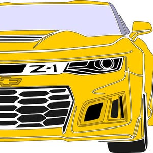 May include: Illustration of a yellow sports car with black and white accents. The car features a prominent front grille, headlights, and the text "Z-1". A gold Chevrolet emblem is visible.