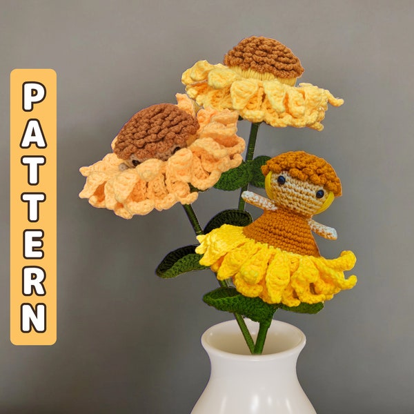 Reversible Amigurumi Muster, Häkelblume Muster, Sonnenblume Fee Muster, PDF-Anleitung mit Anleitungen, Häkelblume Puppe