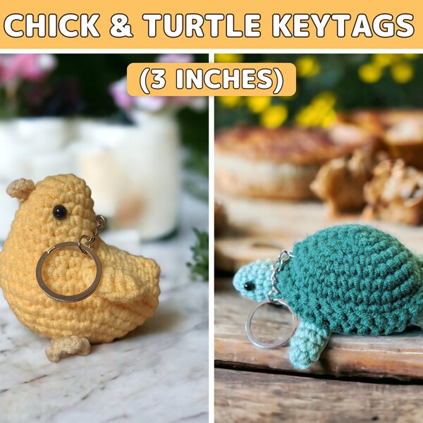 Crochet Chick & Turtle Keytag Patterns, Amigurumi pattern, Tutorial PDF With Instructions, Beginner Friendly Pattern, Keytag Crochet