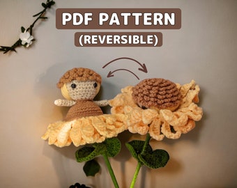 Reversible Sunflower Fairy Pattern, Amigurumi pattern, Tutorial PDF With Instructions, Crochet Flower Pattern, Crochet Flower Doll