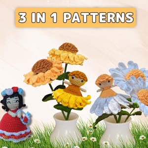 May include: Three crochet amigurumi dolls: a girl in a red dress, a girl in a yellow dress with a sunflower, and a girl in a white dress with a daisy. The dolls are arranged in a vase with green grass and flowers in the background. The text "3 IN 1 PATTERNS" is at the top of the image.