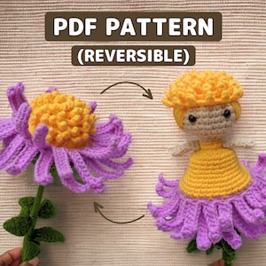 May include: A crochet pattern for a reversible flower doll. The doll is made of yellow and purple yarn and has a flower-shaped skirt. The pattern is available as a PDF download.