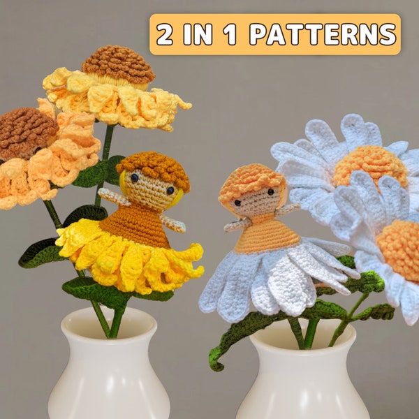 Reversible amigurumi patterns, Crochet Flower Pattern, Sunflower & Daisy Fairy Pattern, Tutorial PDF With Instructions, Crochet Flower Doll