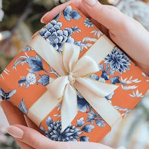 Romantic Floral Blue Chinoiserie Gift Wrap, Vintage-Inspired, Regency, Cottagecore, Floral Wrapping Paper Sheets, Decorative Paper