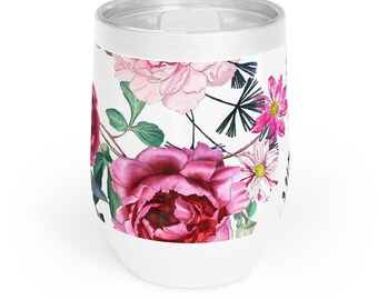 Elegant Floral Wine Tumbler, Insulated Wine Tumbler, Stainless Steel Wine Tumbler, Travel Wine, Gift For Wine Lover, Stemless Wine Cup