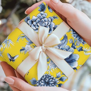 Romantic, Floral, Blue Chinoiserie Gift Wrap, Vintage-Inspired, Regency, Cottagecore, Floral Wrapping Paper Sheets, Decorative Paper