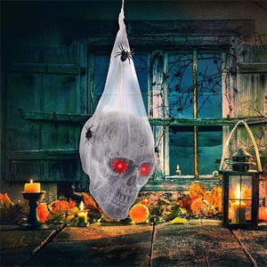 Animated Hanging Skull Halloween Prop – Light Up Eyes & Spider Web Decor – Spooky Party Decoration for Home or Porch