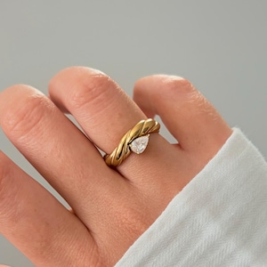Pear Cut CZ Wave Ring • Dainty Teardrop Ring, Braided Pattern Ring • Stackable Rings • 18k Gold Plated Stainless Steel