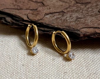 Small Diamond Drop Hoop Earrings: Stainless Steel Huggie Hoops, Minimal Look