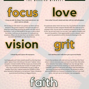 May include: A motivational poster with the words "Focus, Love, Vision, Grit, Faith" in large, yellow letters. Each word is accompanied by a short description of the word's meaning. The poster is set against a white background with a green and yellow logo in the top left and right corners.