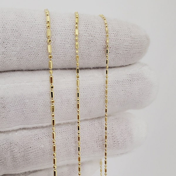 14K Yellow Gold Diamond Cut Bar And Bead Chain Necklace 16'' - 20'' Inch, 0.9mm to 1.3mm Thick, Gold Ball Chain