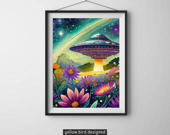 Just Landed - AI-genererad konst, original, UFO, blommor, helt otroligt