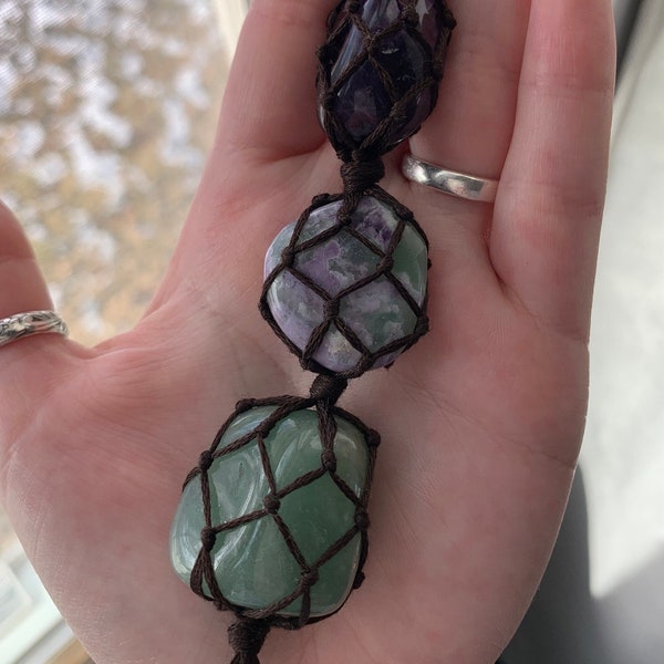 Amethyst, Bolivianite, Green Aventurine Macrame Car Charm | Car Decor | Macrame Charm | Crystal Charms