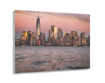 Arte de pared acrílico de Nueva York, impresión de arte de pared del horizonte del atardecer, decoración de pared acrílica, arte moderno del paisaje urbano, impresión acrílica de paisaje urbano.