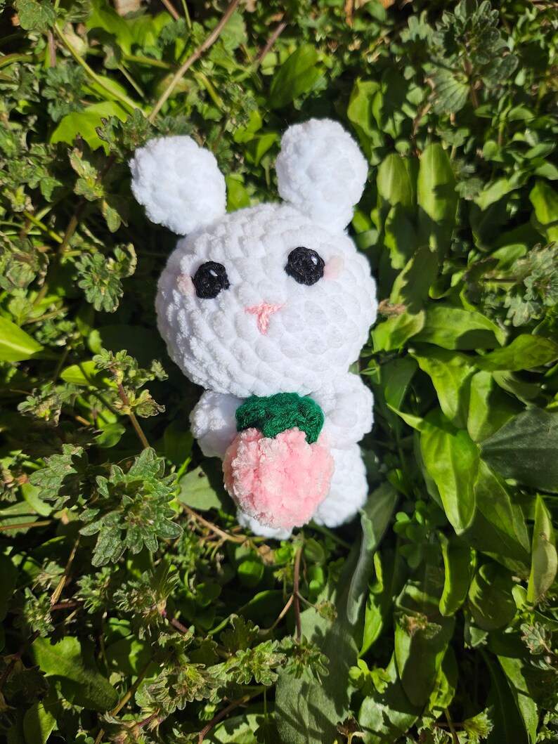 Crochet Bunny with Strawberry Bunny Plushie Stuffed Toy Bunny Crochet Rabbit Stuffed Animal Rabbit Rabbit Plush image 1