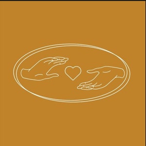 May include: Two hands reaching towards each other, holding a heart in the center, outlined in white against a solid brown background.