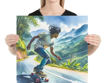 Mountain Skateboarding Poster: Extreme Sports Wall Art, Matte Print (18x24