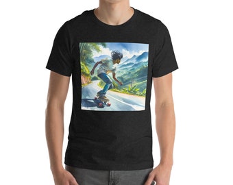 Puede incluir: Una camiseta negra con un gráfico de una persona haciendo skateboard por un camino sinuoso en un exuberante paisaje verde.