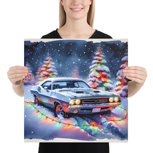 Muscle Car Christmas Poster: Red Challenger Holiday Wall Art-Free Shipping