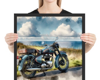 Triumph Bonneville Framed Motorcycle Poster: Vintage Cafe Racer Wall Art