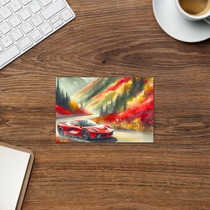 Red Sports Car Greeting Card – Exotic Car Stationery with Fall Mountain Art – Unique Birthday, Father’s Day or Thank You Card-Free Shipping