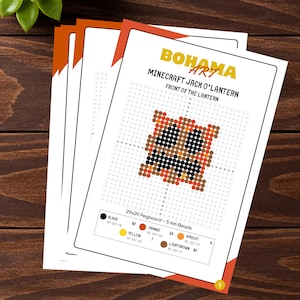 May include: Several sheets of paper with a Minecraft Jack O'Lantern design. The design is made of small, colorful beads on a pegboard. The text "Bohama Art" and "Minecraft Jack O'Lantern" are visible. The color palette includes black, orange, yellow, apricot, and light brown.
