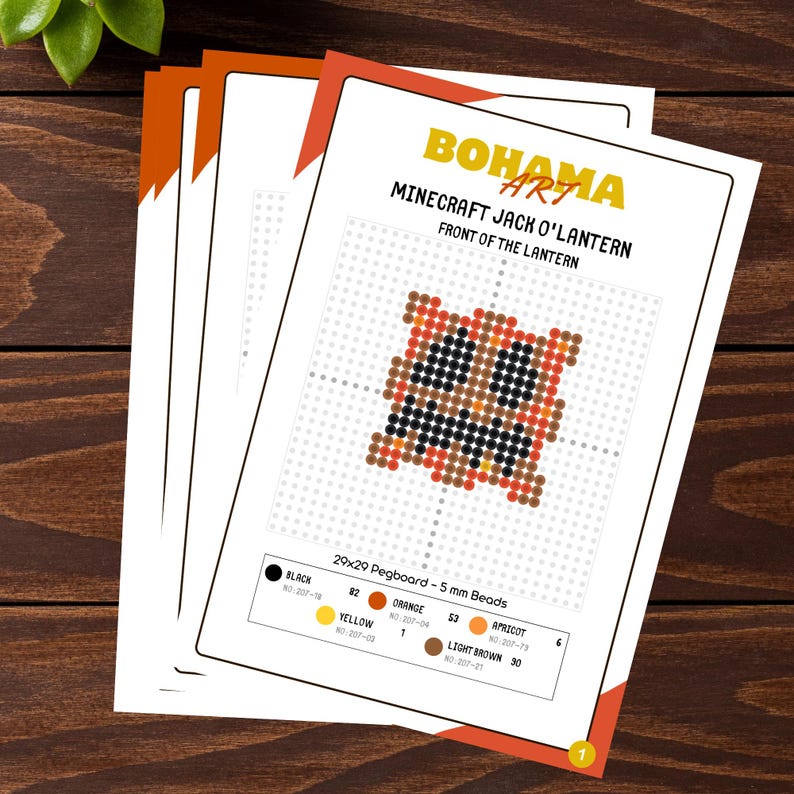 May include: Several sheets of paper with a Minecraft Jack O'Lantern design. The design is made of small, colorful beads on a pegboard. The text "Bohama Art" and "Minecraft Jack O'Lantern" are visible. The color palette includes black, orange, yellow, apricot, and light brown.