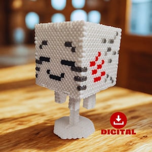 May include: A white, pixelated cube-shaped figure with black, gray, and red details, standing on a white base. The figure has a smiling face and a pattern of red dots on one side. The word "DIGITAL" is in a red circle.
