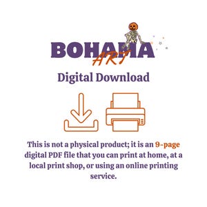 May include: Digital download graphic with the text "BOHAMA ART" and "Digital Download." Includes a skeleton with a pumpkin head, a download icon, and a printer icon. The text states it is a 9-page PDF file.