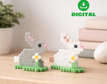 Wielkanocny Zajączek ze Stojaczkiem, Wzór Koralików Hama, Pobieranie Cyfrowe, Wiosenny Królik DIY Koralikowy Rękodzieło