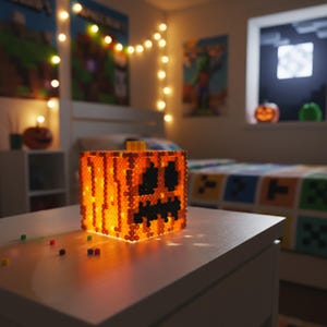 May include: A glowing orange and black Halloween pumpkin decoration made of small beads. The pumpkin has a jack-o'-lantern face and sits on a white surface. String lights and other Halloween decorations are in the background.