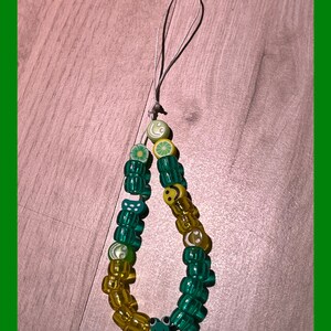 Cute green/yellow phone charm, cell phone accessory, beaded phone charm, phone jewelry, phone strap, keychain. FREE SHIPPING