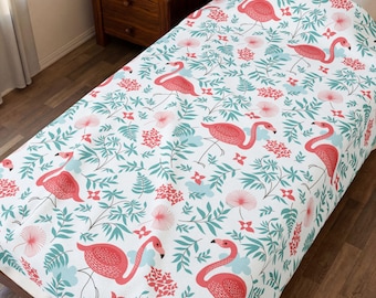 Pink Flamingo Pattern Velveteen Plush Blanket | Tropical Birds, Floral Leaves