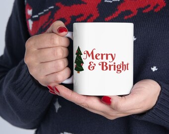 Merry & Bright Christmas Tree Mug | Festive Holiday Coffee Cup