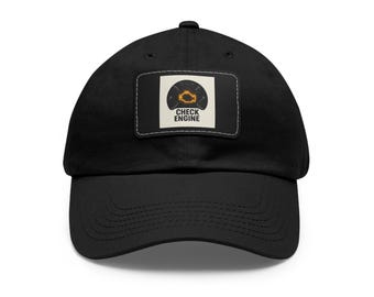 Check Engine Dad Hat: Faux Leather Patch Chino Twill Cap