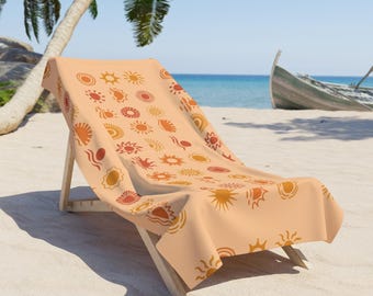 Retro Sun Icons Beach Towel | Boho Sunset Pattern, Orange Yellow